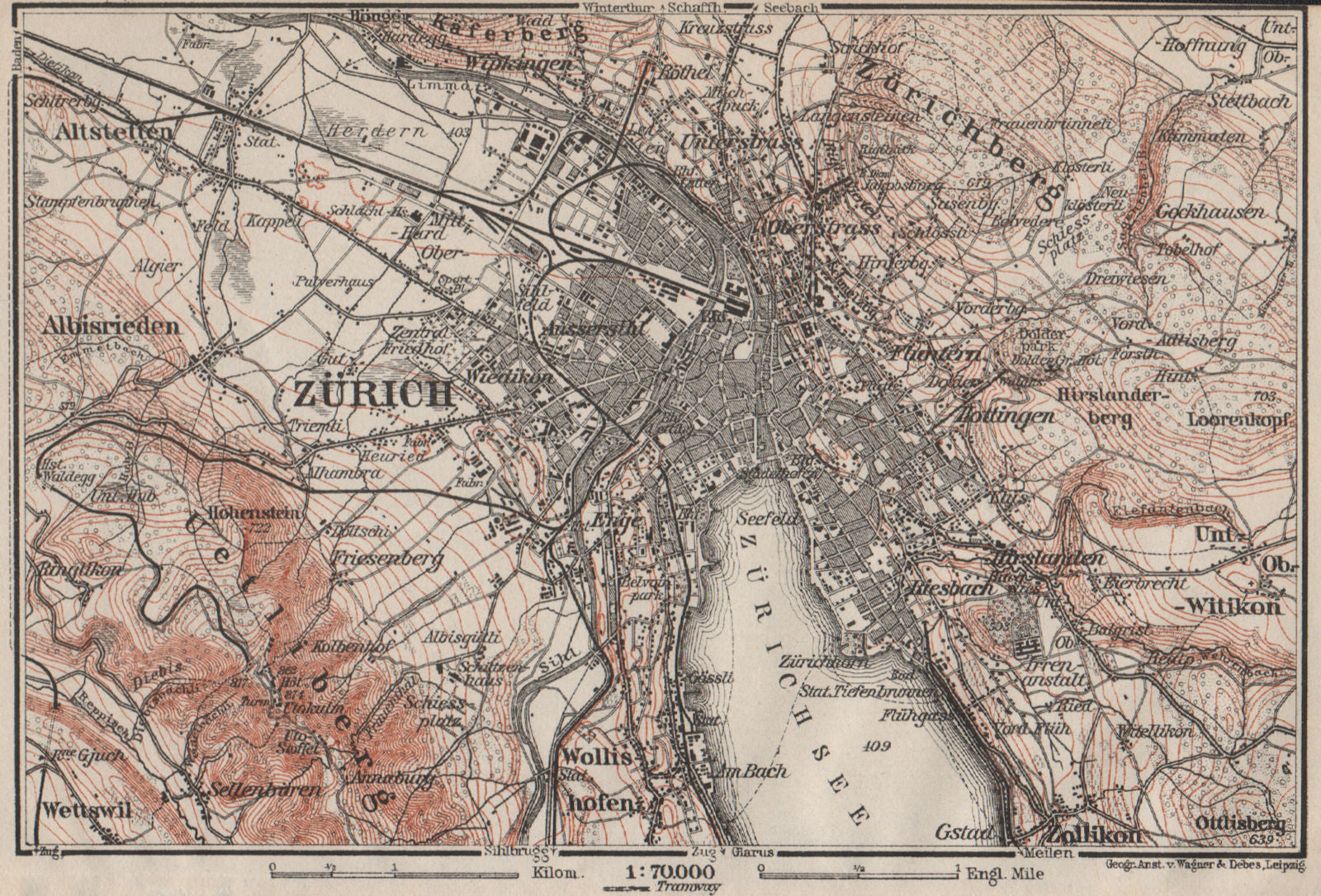 ZÜRICH ENVIRONS. Zurich. Switzerland Suisse Schweiz carte karte 1909 old map